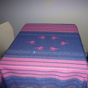 Vintage Mid Century tablecloth or piano scarf pink & blue with Flamingos